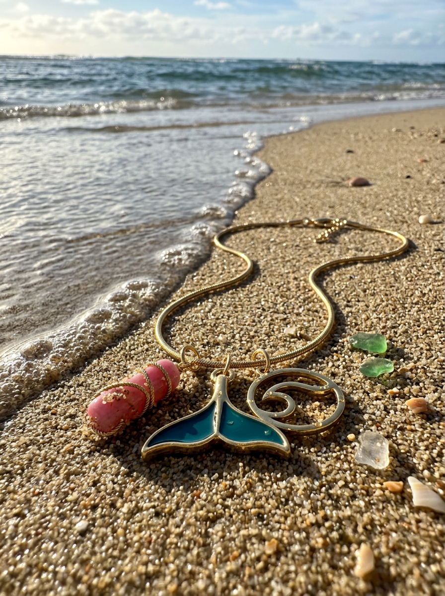Gold whale tail necklace resting on wet sand at the shoreline